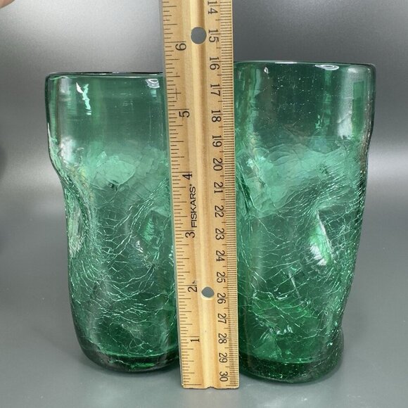 Crackle Green Glass Tumbler Pinched Dimpled Tumblers Cups Glasses Set 2 Vintage - Picture 13 of 13